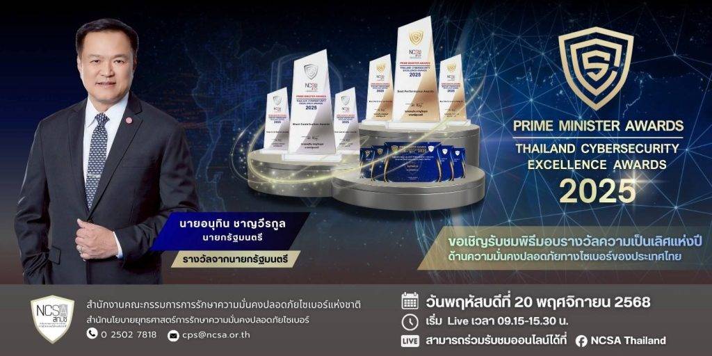 ปรมาณูเพื่อสันติ กระทรวง อว. รับมอบรางวัล “Prime Minister Awards: Thailand Cybersecurity Excellence Awards 2025” การันตีมาตรฐานความมั่นคงปลอดภัยไซเบอร์ระดับชาติ