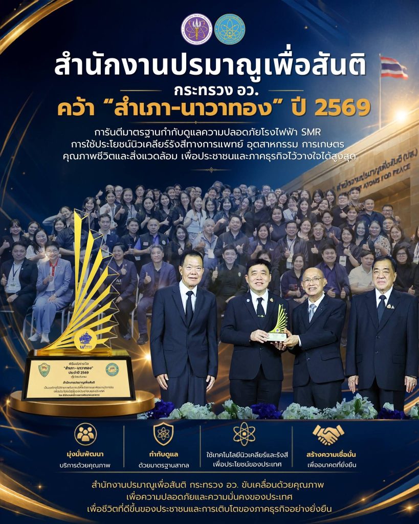 “สำนักงานปรมาณูเพื่อสันติ กระทรวง อว. คว้า “สำเภา-นาวาทอง” ปี 2569 การันตีมาตรฐานกำกับดูแลความปลอดภัยโรงไฟฟ้า SMR การใช้ประโยชน์นิวเคลียร์และรังสีทางการแพทย์ อุตสาหกรรม การเกษตร คุณภาพชีวิตและสิ่งแวดล้อม เพื่อประชาชนและภาคธุรกิจไว้วางใจได้สูงสุด”
