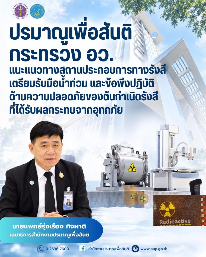 นายแพทย์รุ่งเรือง กิจผาติ เลขาธิการสำนักงานปรมาณูเพื่อสันติ (ปส.) กระทรวงการอุดมศึกษา วิทยาศาสตร์ วิจัยและนวัตกรรม (อว.) แนะวิธีเตรียมความพร้อมกรณีเกิดน้ำท่วมบริเวณที่มีสถานประกอบการทางรังสี อาทิ โรงงานอุตสาหกรรม โรงพยาบาล เป็นต้น พร้อมประสานเจ้าหน้าที่ความปลอดภัยทางรังสี (RSO)