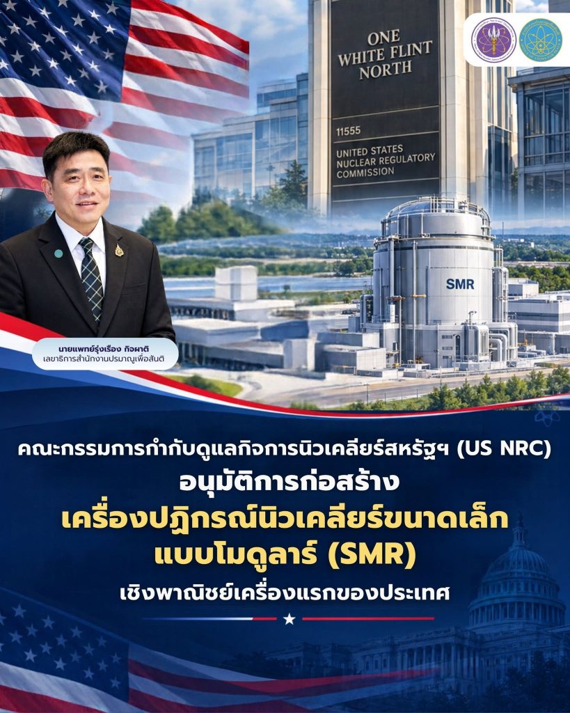 คณะกรรมการกำกับดูแลกิจการนิวเคลียร์สหรัฐฯ (US NRC) อนุมัติการก่อสร้างเครื่องปฏิกรณ์นิวเคลียร์ขนาดเล็กแบบโมดูลาร์ (SMR) เชิงพาณิชย์เครื่องแรกของประเทศ