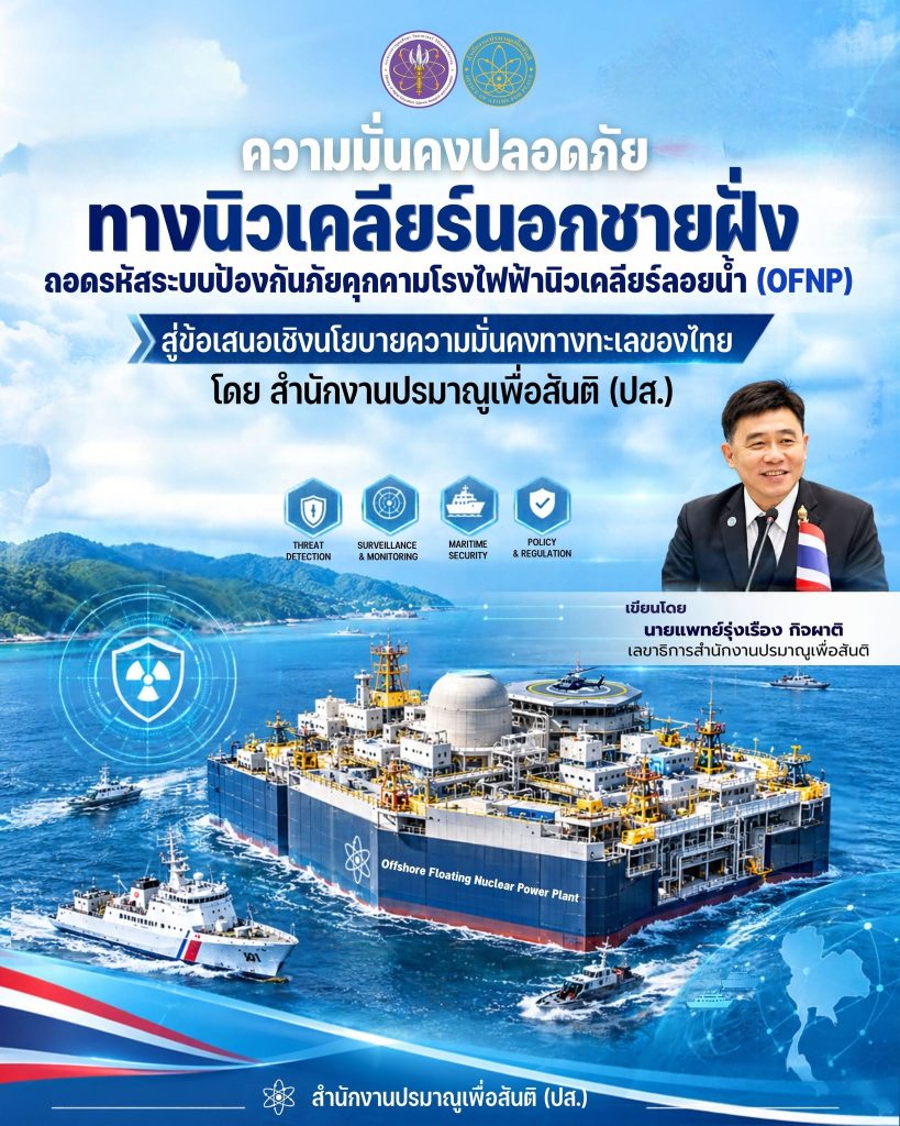 ความมั่นคงปลอดภัยทางนิวเคลียร์นอกชายฝั่ง: ถอดรหัสระบบป้องกันภัยคุกคามโรงไฟฟ้านิวเคลียร์ลอยน้ำ (OFNP) สู่ข้อเสนอเชิงนโยบายความมั่นคงทางทะเลของไทย โดยสำนักงานปรมาณูเพื่อสันติ (ปส.)