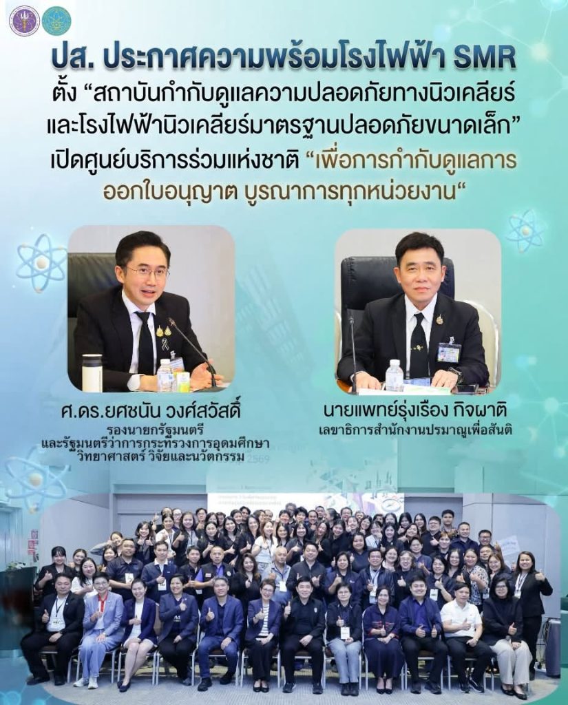 ปส. ประกาศความพร้อมโรงไฟฟ้า SMR ตั้ง "สถาบันกำกับดูแลความปลอดภัยทางนิวเคลียร์และโรงไฟฟ้านิวเคลียร์มาตรฐานปลอดภัยขนาดเล็ก" เปิดศูนย์บริการร่วมแห่งชาติ“ เพื่อการกำกับดูแลการออกใบอนุญาต บูรณาการทุกหน่วยงาน